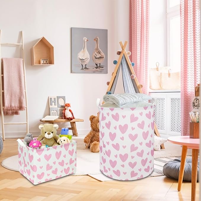 Pink Heart Laundry Hamper, Laundry Basket, Girls Nursery Hamper,Waterproof Storage Bin for Bedroom,Clothes Organizer Basket, Room Decor(Pink Heart)