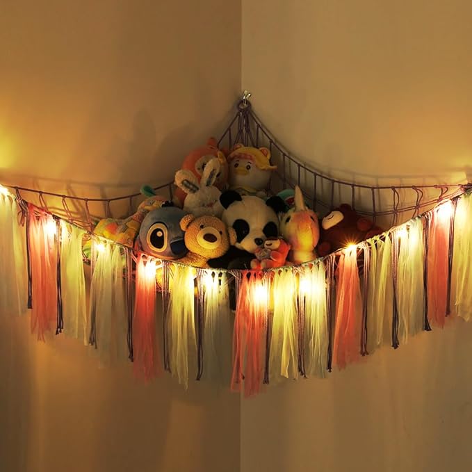 Stuffed Animal Toys Hammock with LED Light, Stuffed Doll Hanging Corner Holder for Home Storage, Large Hanging Net -Display Teddies for Bedroom, Purple Decor Organizer
