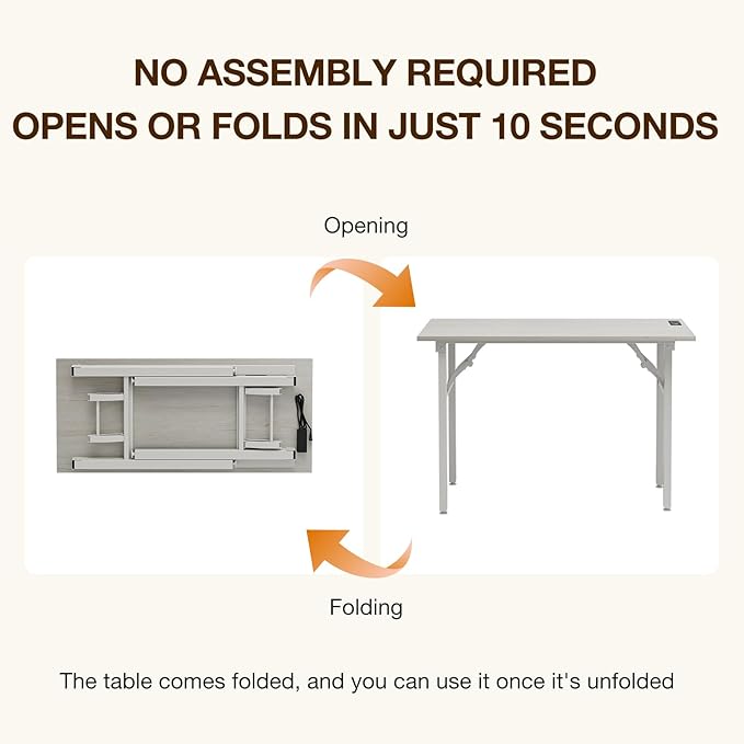 TEMI Small Computer Desk Folding Table - No Assembly, Compact 43.3" Foldable Desk with Power Outlets & USB Charging Port, Portable Small Office Desk, Ideal Mini Study Table for Narrow Spaces,White Ash