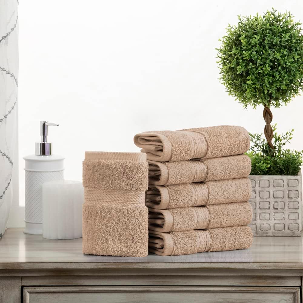 Superior Egyptian Cotton Pile Face Towel/Washcloth Set of 6, Ultra Soft Luxury Towels, Thick Plush Essentials, Absorbent Heavyweight, Guest Bath, Hotel, Spa, Home Bathroom, Shower Basics, Latte