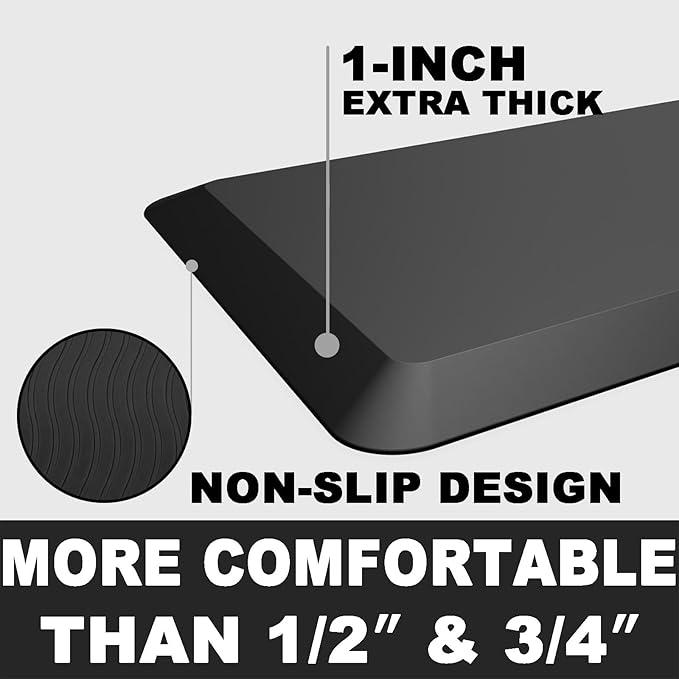 1" Extra Thick Anti Fatigue Floor Mat 17" W x 70" L,Kitchen Mat, Standing Desk Mat,140D Advanced PU Foam Ergonomic Comfort at Home, Office, Garage, Sink (Black)