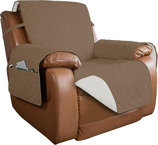 PureFit Reversible Quilted Sofa Cover, Water Resistant Slipcover Furniture Protector, Washable Couch Cover with Non Slip and Elastic Straps for Kids, Dogs, Pets (Oversized Recliner, Camel/Ivory)