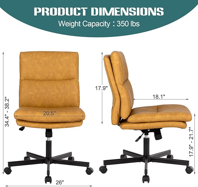 LUCKWIND Armless Office Desk Chair with Wheels, Double Padded PU-Leather Chairs, Mid-Back Criss Cross Swivel Task Chair, Height Adjustable Cushioned Vanity Chair for Home, Office & Bedroom (Yellow)