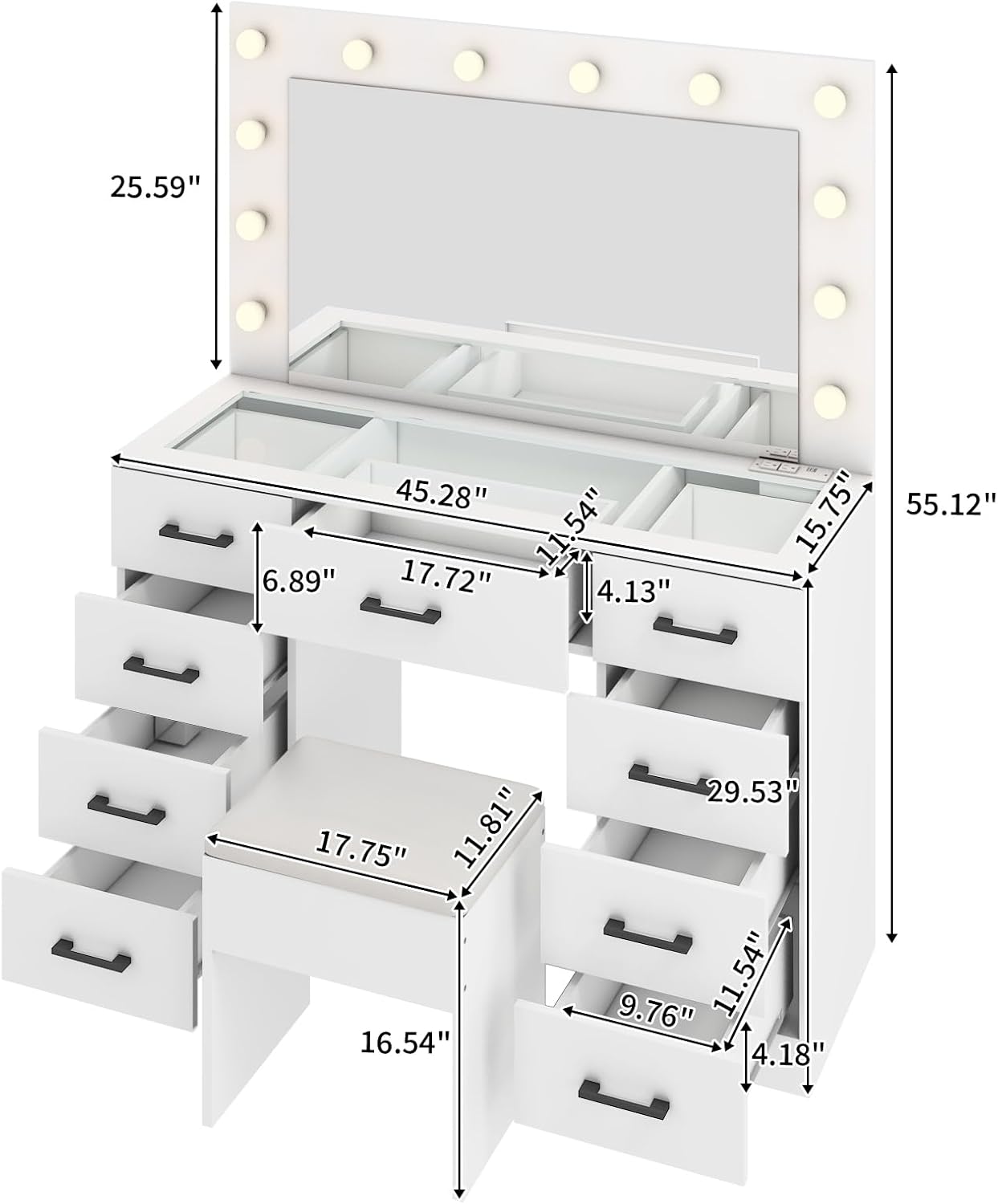 Karl home Vanity Desk with Large Lighted Mirror & Powre Outlet, Glass Tabletop Makeup Vanity Set with 9 Drawers, 45.3" Vanity Table with 3 Color Lighting Modes, Dressing Table for Women Girls, White