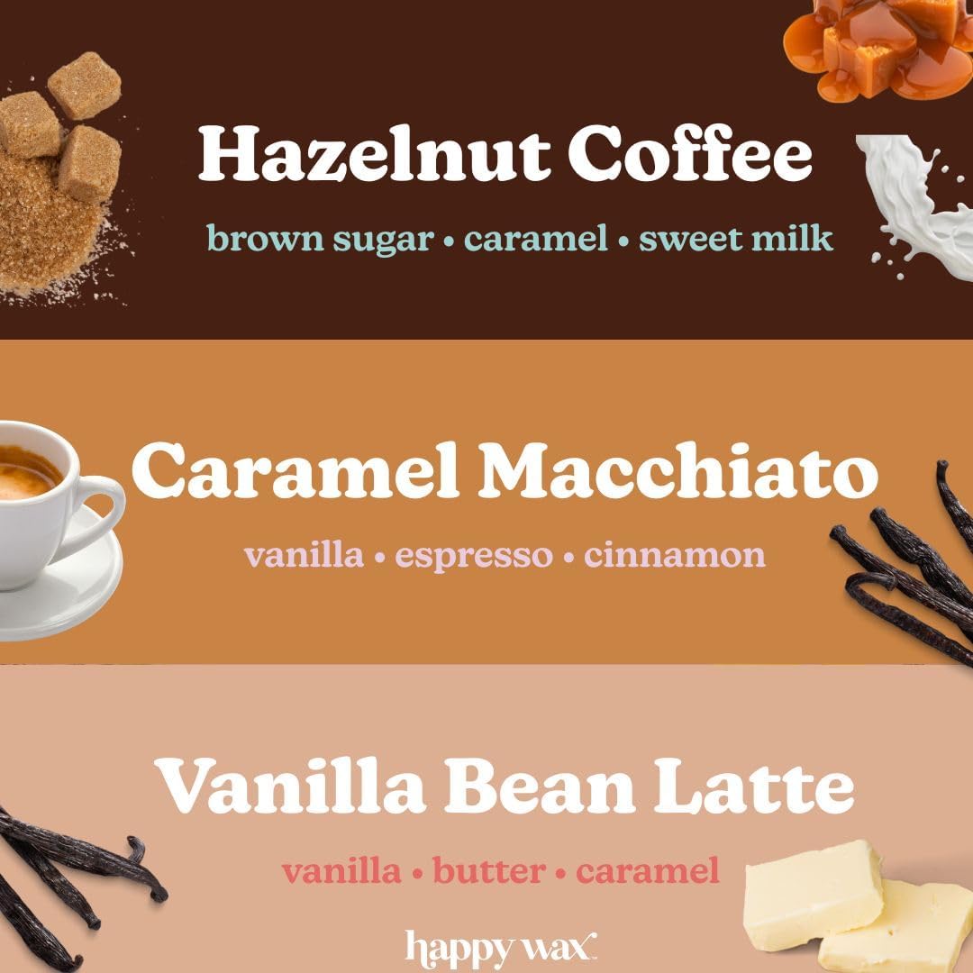 Happy Wax Coffee Mix Collection Scented Natural Soy Wax Melts – 6 Total Oz. of Scented Wax Melts, Collection Includes Hazelnut Coffee, Vanilla Bean Latte and Caramel Macchiato