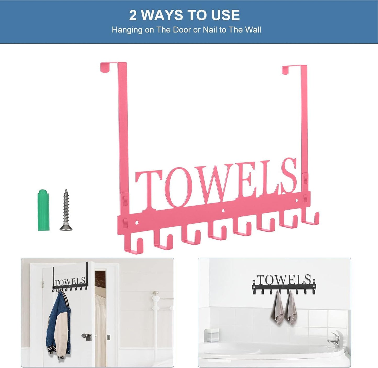 Over The Door Hooks - Wall Mount Towel Hanger with 8 Hooks for Bedroom Bathroom Pool Kitchen Towels, Bag, Coats - Pink