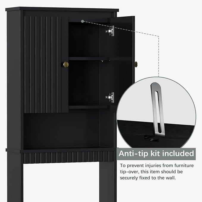 Over The Toilet Storage Cabinet, Above Toilet Storage with Fluted Panel Doors and Soft Hinges, Behind Toilet Bathroom Organizer Bathroom Spacesaver Rack (Black)