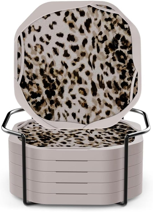 UMIRRO Leopard Absorbent Drink Coasters, Small Unique Birthday Gift Ideas for Men, Dad, Him, Women Mom, Her, 4", Brown, Set of 6