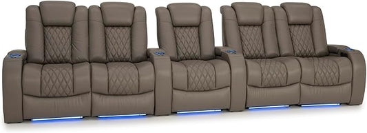 Seatcraft Diamante Zero-Gravity CoolZero Italian Leather Home Theater Seating, Power Headrest, Power Recline, Row of 5 Dual Loveseats, Gray