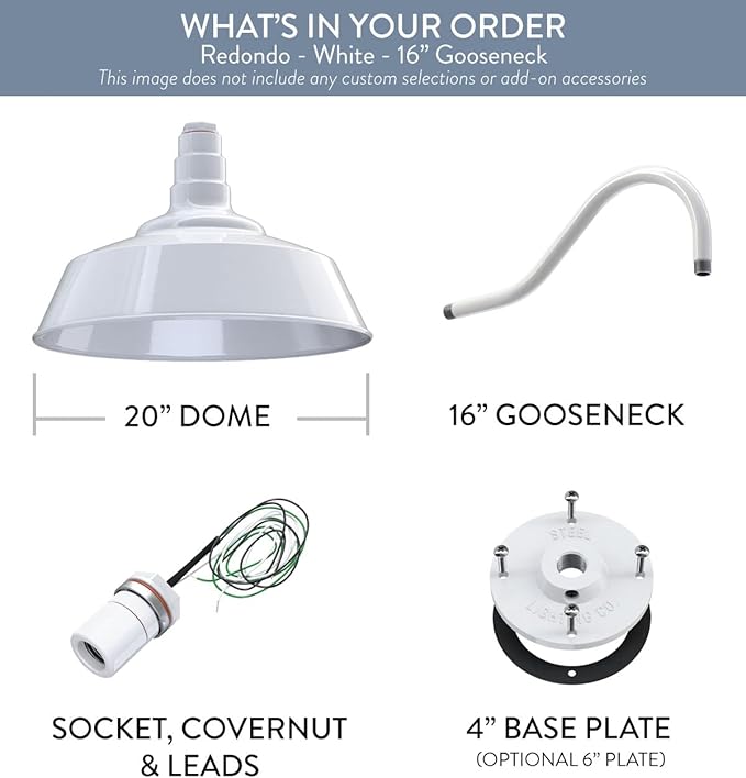 Steel Lighting Co. Redondo Barn Light | Outdoor Wall Mounted | 20 inch Dome | 16 inch Gooseneck | Large Farmhouse Warehouse Light Made in America | White Exterior/White Interior