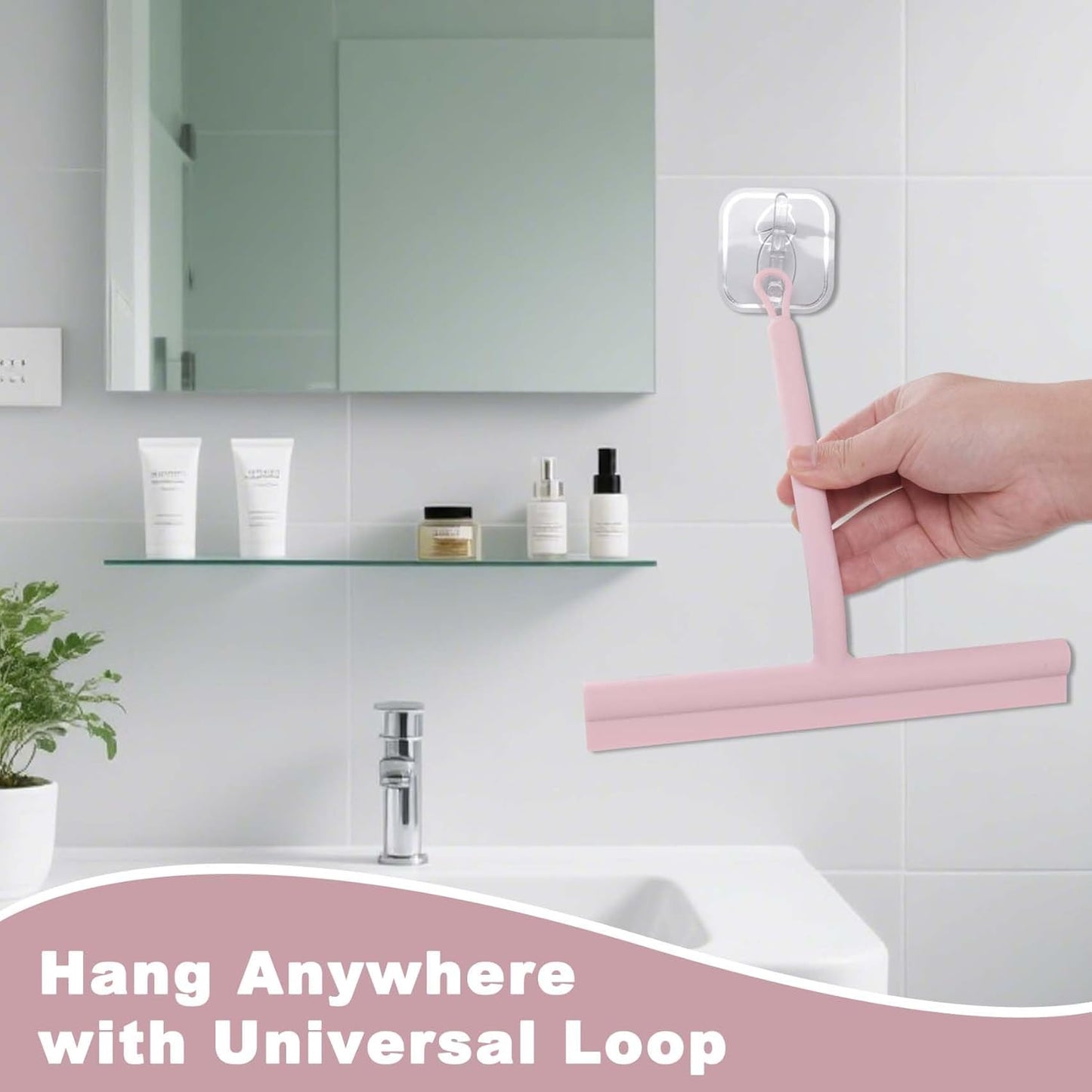 Squeegee for Shower Glass Doors, Resilient Loop - No-Drill & Adhesive Hook, Silicone Shower Squeegee with Stainless Steel Core, Cleaning Tool for Home, Kitchen, Bathroom & Car - Pink