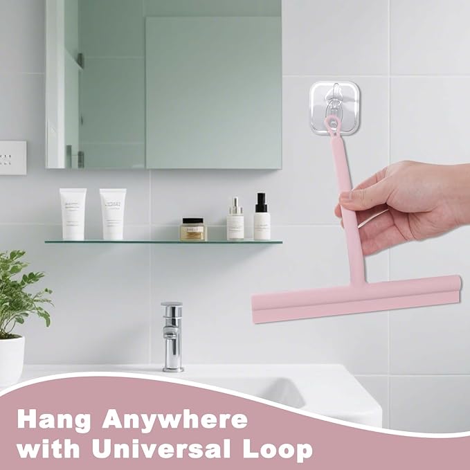 Squeegee for Shower Glass Doors, Resilient Loop - No-Drill & Adhesive Hook, Silicone Shower Squeegee with Stainless Steel Core, Cleaning Tool for Home, Kitchen, Bathroom & Car - Pink