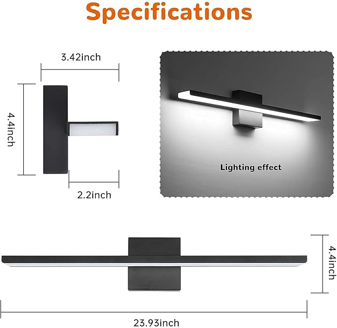 JUSHENG Bathroom Vanity Light Fixtures Aluminum & Stainless Steel Wall Mirror Vanity Light Fixtures for Bathroom & Bedroom Black Dimmable 24W 24" 6000K