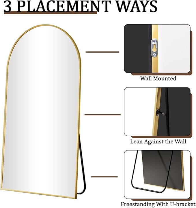 24 x 65 inch Arched Full Length Mirror, Gold Arch Floor Mirror Full Length with Stand, Full Body Standing Mirror for Living Room, Bedroom, Hanging or Leaning Against The Wall