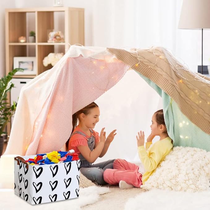 CLOCOR Heart Rectangular Basket, Cute Pattern Storage Bin, Collapsible Waterproof Storage Box with Handles for Kids, Gift Baskets, Shelf Basket (Black Hearts)