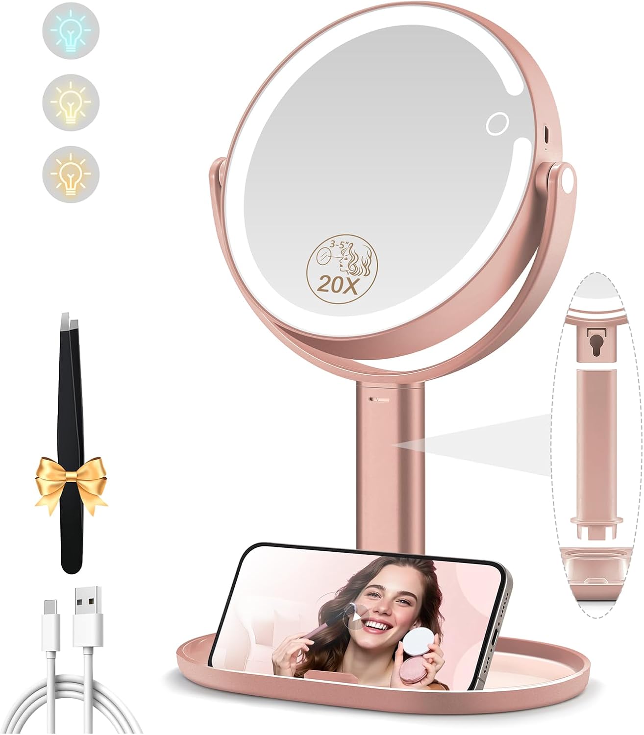 Makeup Mirror with Lights, Double Sided 1x/20x Magnifying Mirror with Light, Rechargeable 3 Color Lights Adjustable Brightness, 360° Rotation Detachable Comes with Tweezer (Rose-Gold)
