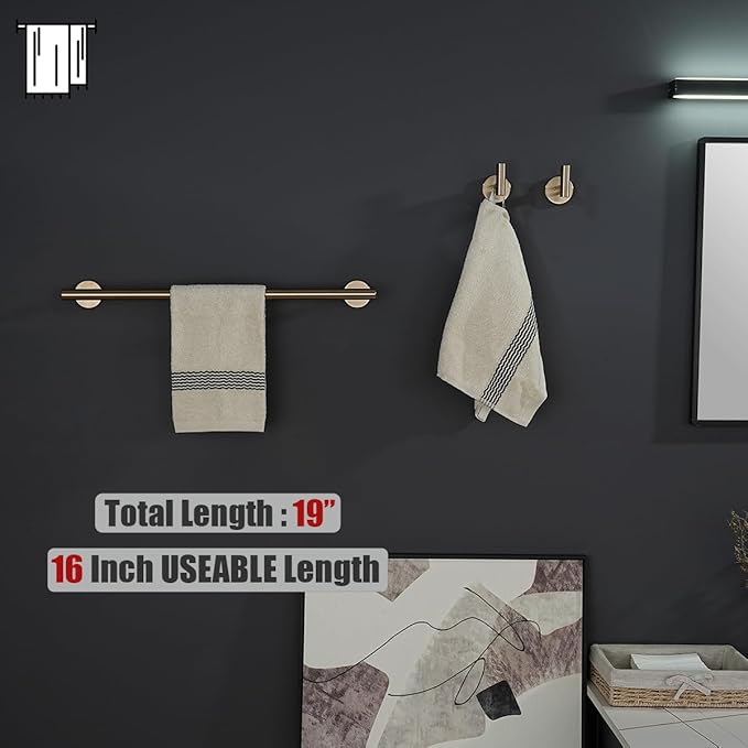 JQK Champagne Bronze Towel Bar, 19 Inch 304 Stainless Steel Thicken 0.8mm Towel Rack Bathroom, Towel Holder Wall Mount, Useable Length 16 Inch, TB110L16-CB