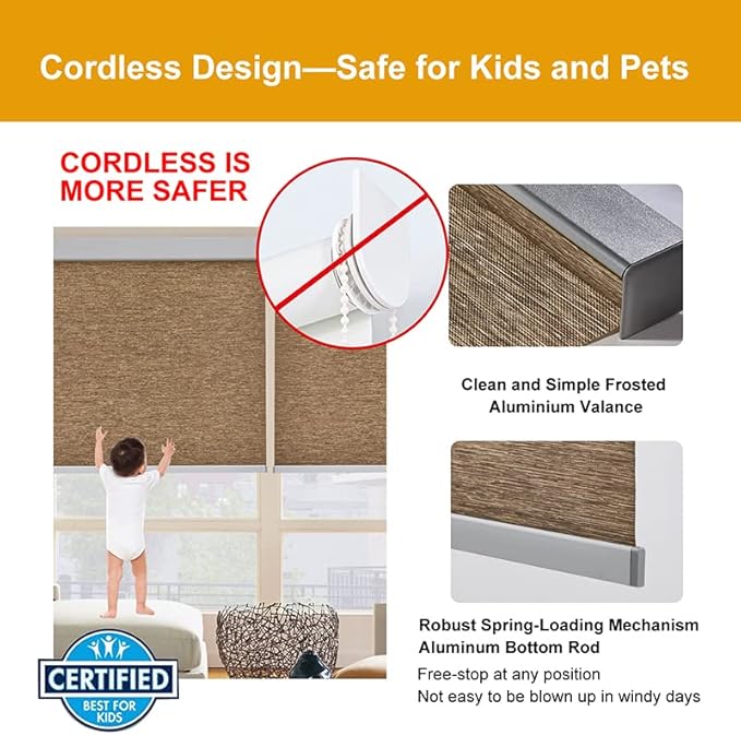Persilux Free-Stop Cordless Blinds, Light Filtering Roller Shades for Windows (Brown 36"W x 72"H) Natural Woven UV Protection Privacy Roller Blinds for Windows Shades for Home, Kitchen, Office, Door