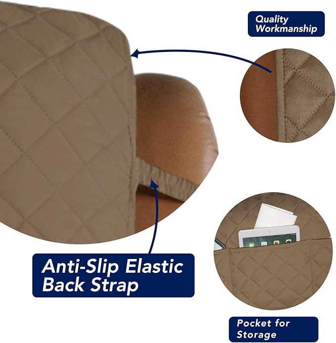 PureFit Reversible Quilted Sofa Cover, Water Resistant Slipcover Furniture Protector, Washable Couch Cover with Non Slip and Elastic Straps for Kids, Dogs, Pets (Oversized Recliner, Camel/Ivory)