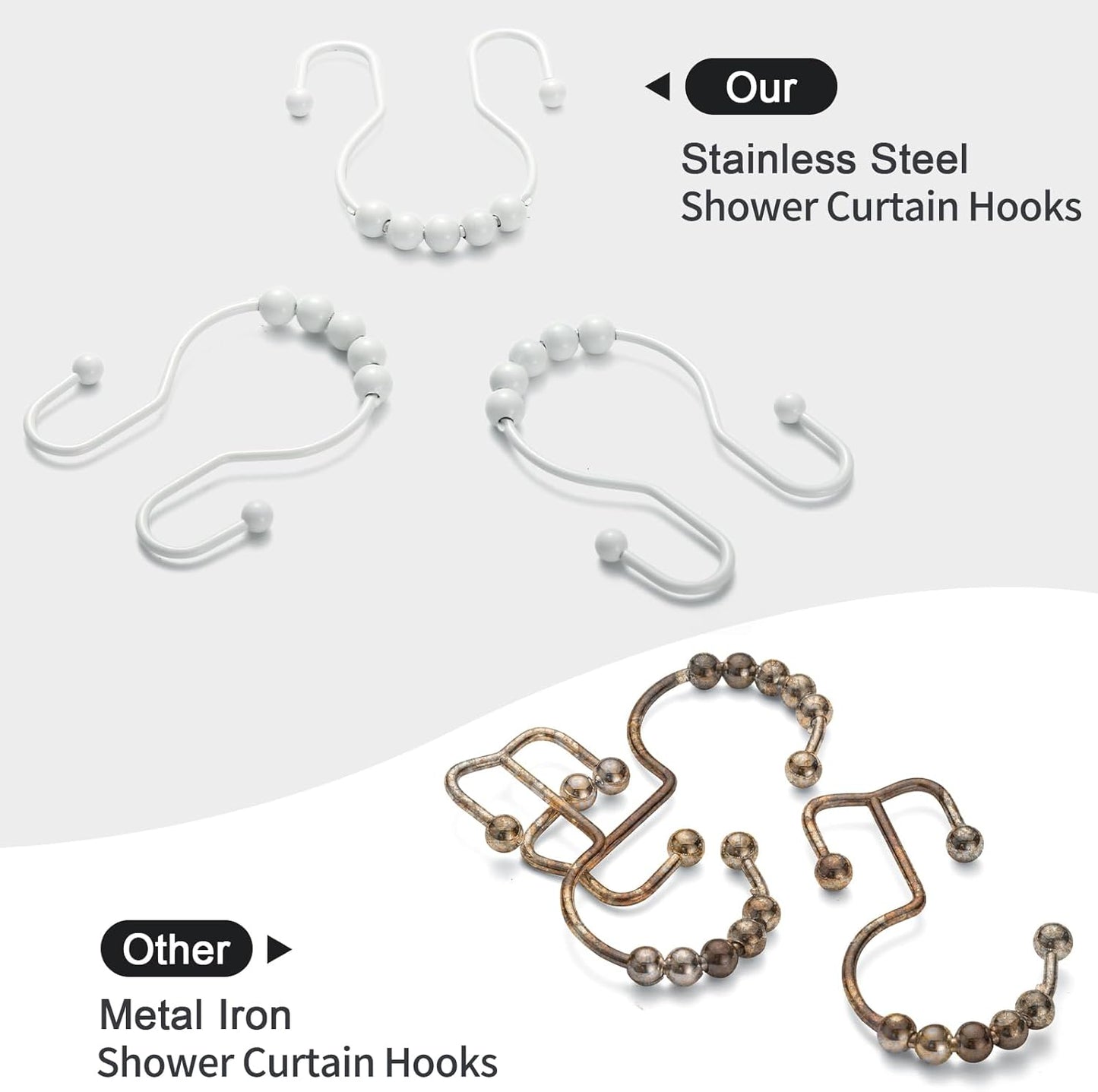 Goowin Shower Curtain Hooks, 12 Pcs Shower Curtain Rings, Stainless Steel Shower Curtain Hooks Rings Rust Proof, Smooth Sliding Anti-Drop Double Shower Hooks for Shower Curtain, Rods (White)