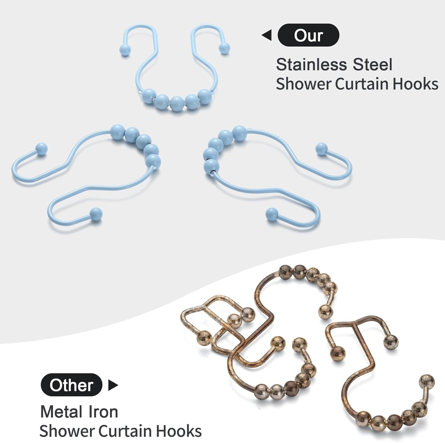Goowin Shower Curtain Hooks, 12 Pcs Shower Curtain Rings, Stainless Steel Shower Curtain Hooks Rings Rust Proof, Smooth Sliding Anti-Drop Double Shower Hooks for Shower Curtain, Rods (Blue)