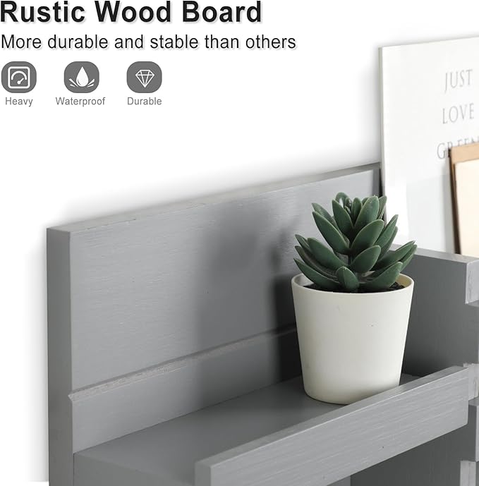 Mail Organizer for Wall Mount – Key Holder with Shelf Includes Letter Holder and Hooks for Coats, Dog Leashes – Rustic Wood with Flush Mounting Hardware (16.5” x 8.7” x 3.5”) (Gray)