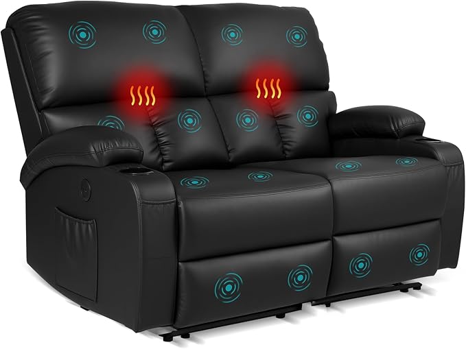 Home Theater Seating,RV Recliner Sofa with Massage and Heat,Manual RV Recliner Loveseat with USB/Cup Holders and Side Pocket for Living Room,2 Seater Black