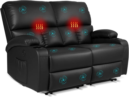 Home Theater Seating,RV Recliner Sofa with Massage and Heat,Manual RV Recliner Loveseat with USB/Cup Holders and Side Pocket for Living Room,2 Seater Black