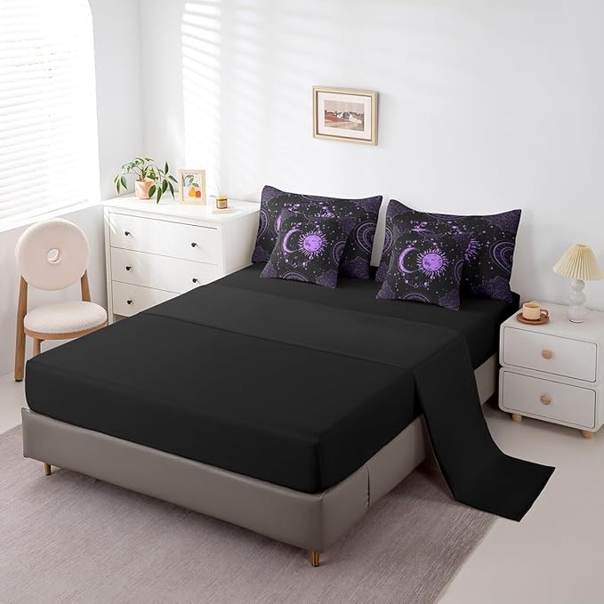 Sun and Moon 7 Piece Bedding Set, Constellation Galaxy Comforter Set Cover for Kids Boys Girls Teens Psychedelic Boho Mandala Bedding Set Celestial Puprle Black Full Size
