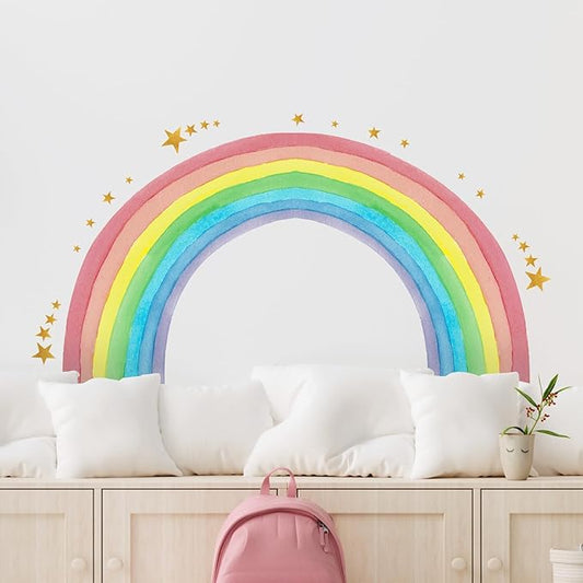 Supzone Large Rainbow Wall Decals Water Color Rainbow Stars Wall Decal DIY Vinyl Mural Art for Girls Baby Nursery Bedroom Playroom Home Decoration