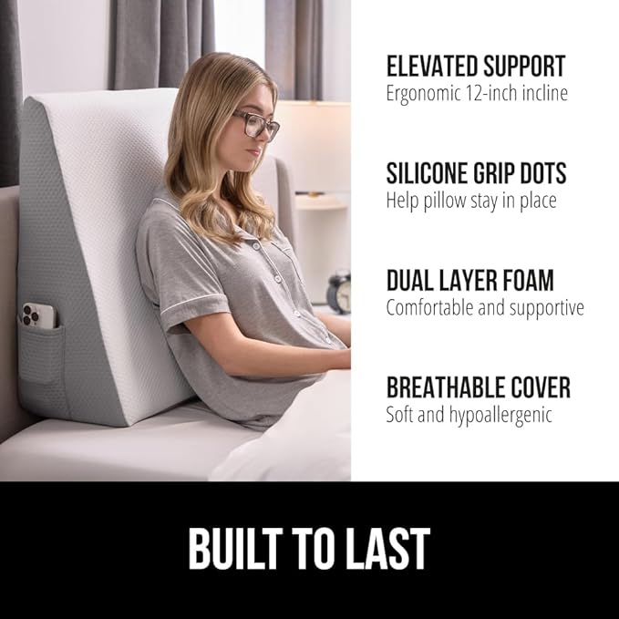 GORILLA GRIP Bed Wedge Pillow for Sleeping, Soft Dual Layer Memory Foam, Stay in Place Dots, Breathable, Ergonomic Headboard Triangle Sleep Support, Reading Elevation Anti Snoring, 12in White Gray