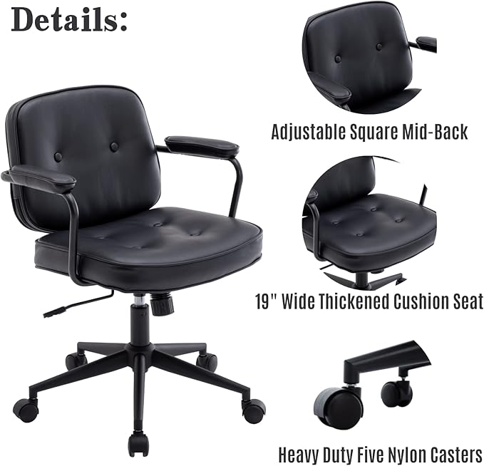 LukeAlon Adjustable Pu Leather Office Chair, Comfy 360° Swivel Task Chair with Armrest Modern Thickened Seat Desk Chair Tiltable Computer Chair with Button Tufted for Home Office, Black