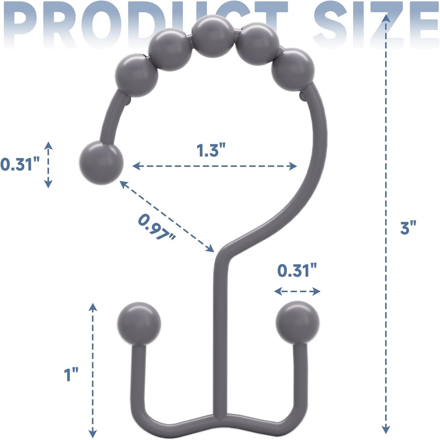 Titanker Shower Curtain Hooks Rings, Rust-Resistant Metal Double Glide Shower Hooks for Bathroom Shower Rods Curtains, Set of 12 Hooks - Neutral Gray