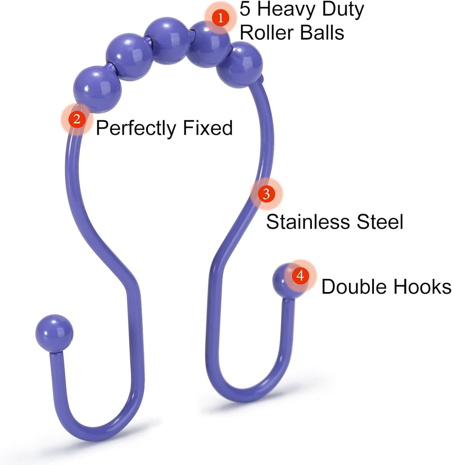 Goowin Shower Curtain Hooks, 12 Pcs Shower Curtain Rings, Stainless Steel Shower Curtain Hooks Rings Rust Proof, Smooth Sliding Anti-Drop Double Shower Hooks for Shower Curtain, Rods (Purple)