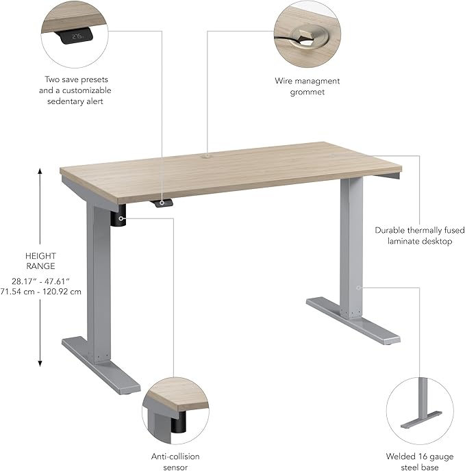 Bush Business Furniture Move 40 Series 48W x 24D Electric in Natural Elm with Silver Base, Ergonomic Sit-Stand Computer Table for Home and Professional Office