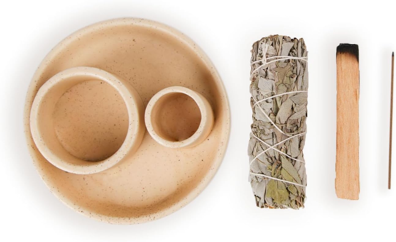 4 in 1 Incense Holder, Palo Santo Stick Holder,Sage Holder for Burning- 4.25" Sage Incense Holder for Meditation Room Home Decor (Sand)