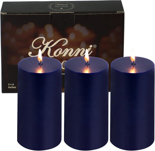 KONNI Navy Blue Pillar Candles Set of 3, 3"x 6" Unscented Pillar Candles Bulk, 56 Hours Long Burning Candles, Smokeless&Dripless Large Round Candle for Wedding, Home Decoration, Parties, Spas, Dinner