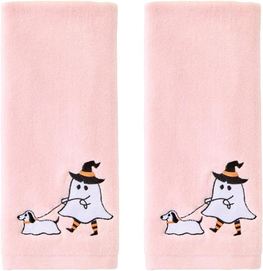 SKL Home Halloween Ghost Walking Dog 100% Cotton Embroidered 2pc Hand Towel Set, Decorative for Bath/Kitchen/Bar & Gift, Pink