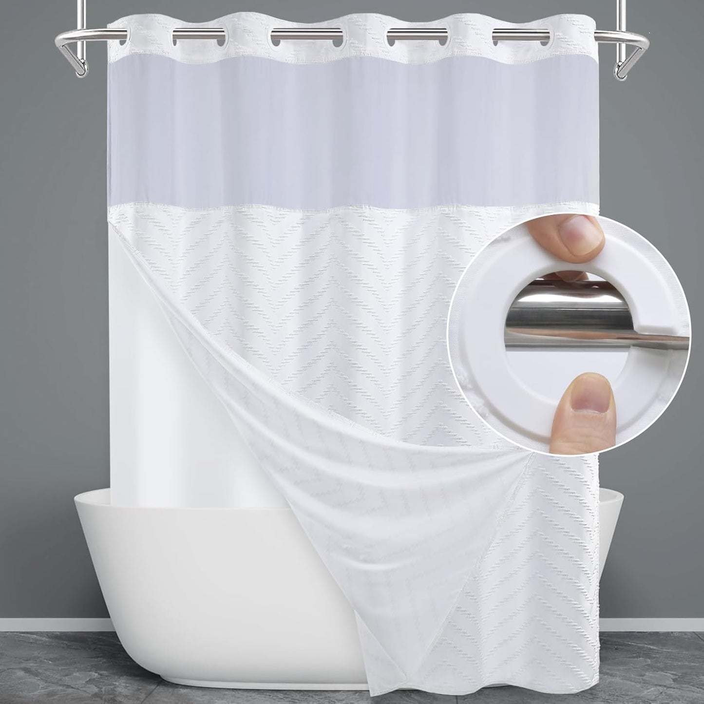 Long No Hook Shower Curtain with Snap in Liner, Tufted Chevron Striped Shower Curtain Set for Bathroom, Boho Waterproof and Washable Shower Curtains,71Wx80H, White