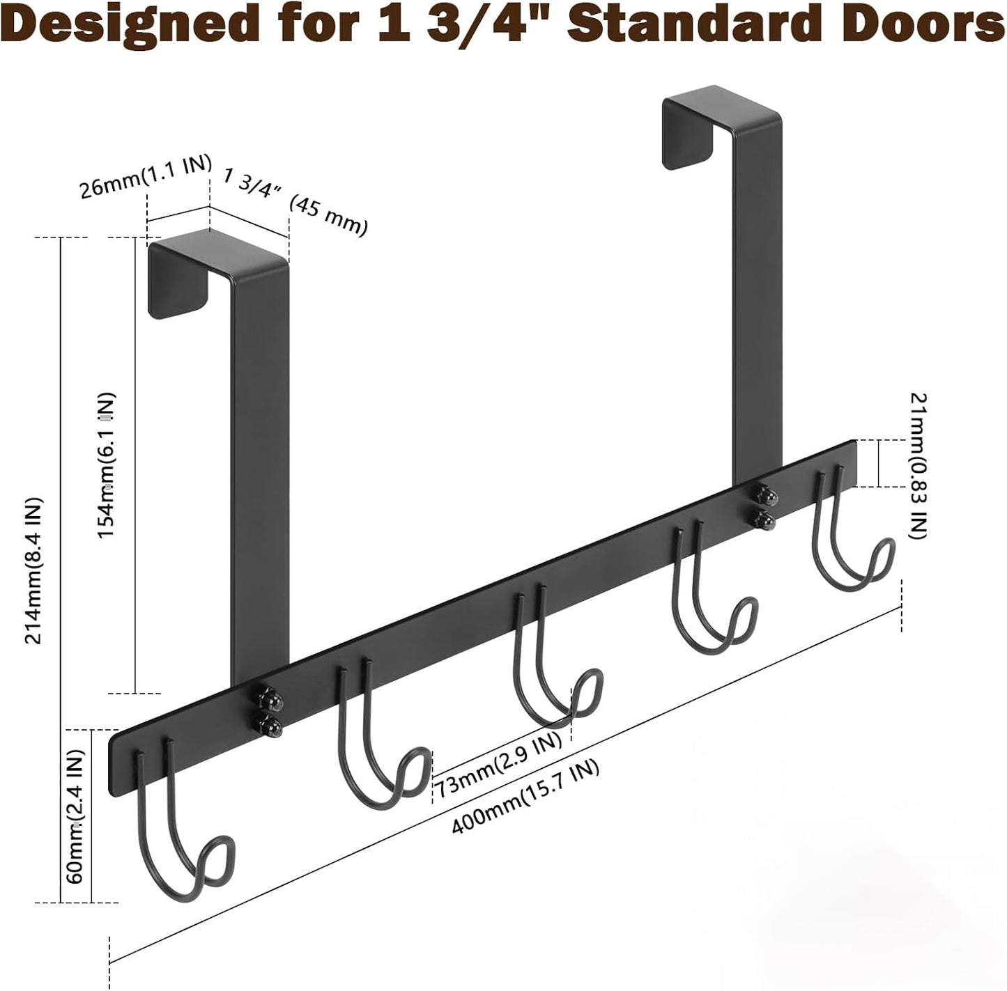 Over The Door Hooks, No Drill Door Towels Hanger, Metal Hanging Towel Holder with 5 Coat Hooks for Bathroom, Bedroom, Kitchen (Matte Black)