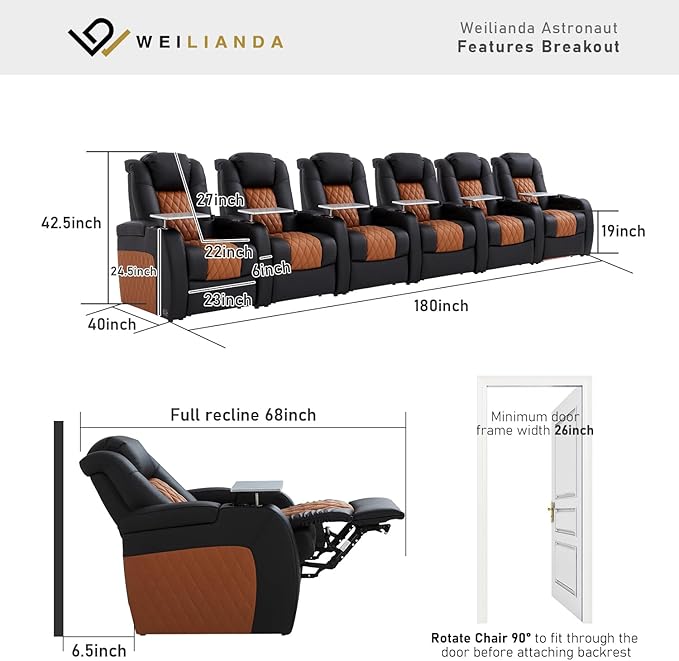 Home Theater Seating, Top Grain Leather Movie Seats Recliner Chair, Zero Gravity Reclining Gaming Sofa with Power Headrest 7 Colors Ambient Lighting 6 Seats Black Camel