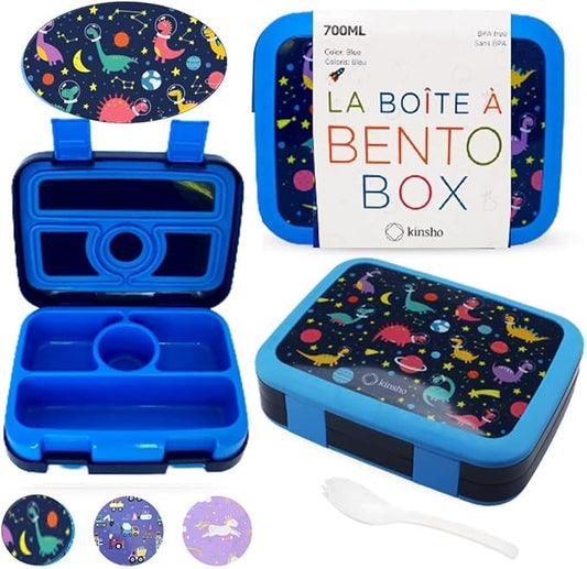 Kids Lunch Box - Bento Box for Boys Toddler Daycare, 4 Portion Sections with Lid, Snack Container Pre-School Kid Lunches Toddlers Removable Tray BPA Free, 3+ Years Old, Blue Rocket Dinosaur