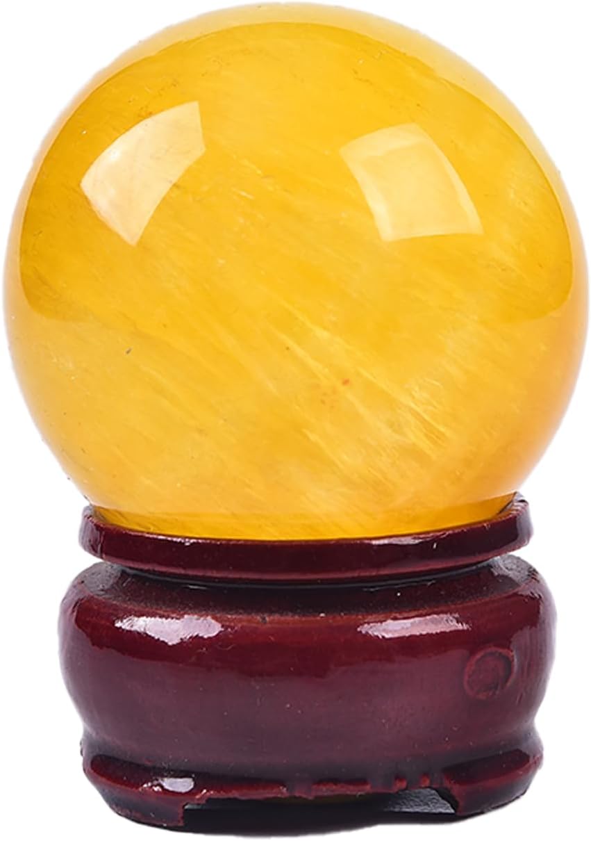 JIC Gem Natural Yellow Fluorite Crystal Sphere Crystal Decorative Ball with Wooden Stand Meditation Balls for Witchcraft Reiki Gift 40-50mm