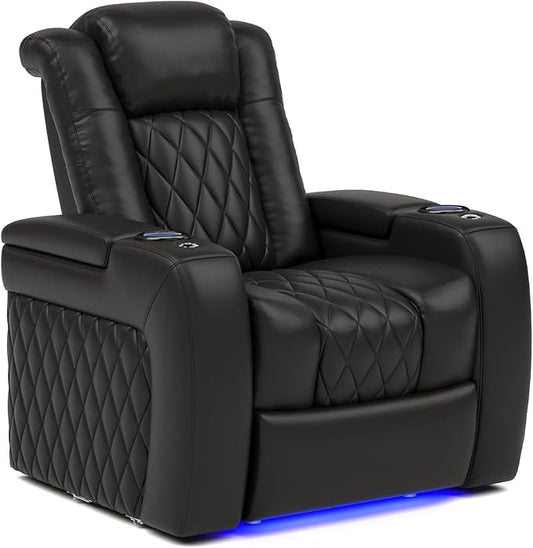 Valencia Tuscany Home Theater Seat - Nappa Leather Power Recliner with Cool Gel Memory Foam, USB-C/A Charging, RGB LED Lights, Adjustable Lumbar & Headrest (Single Recliner,Black)