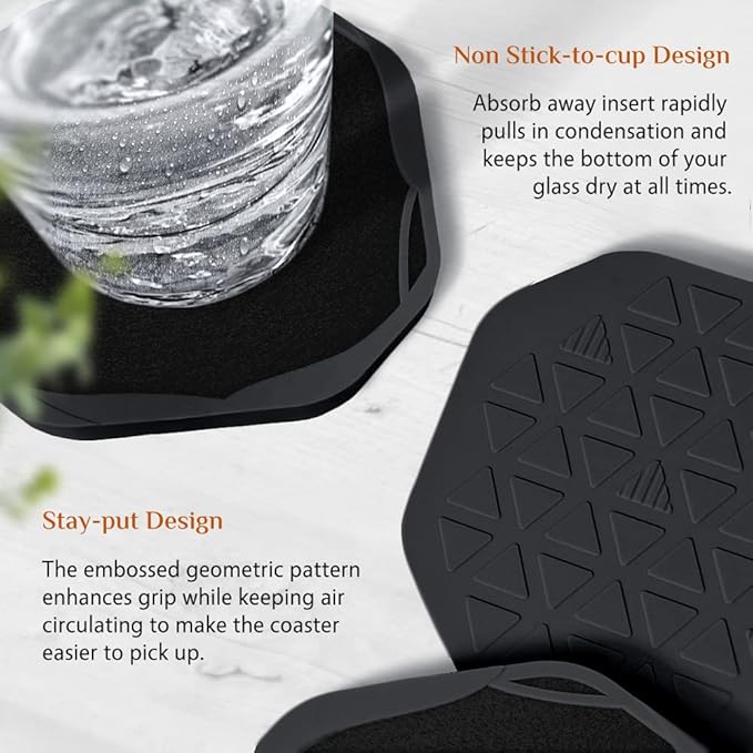 UMIRRO Absorbent Coasters for Drinks, Cool Silicone Cup Coaster with Felt Insert for Modern Coffee Table Decor, Small Unique Birthday Gift Ideas for Men Dad Him Women Mom Her, 4", Black, Set of 4
