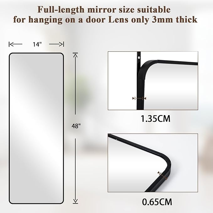 14"x48" Full Length Over The Door Mirror - Aluminum Alloy Frame Full Body Mirror with Height-Adjustable Hangers, Hanging Leaning Against Wall for Dorm, Black