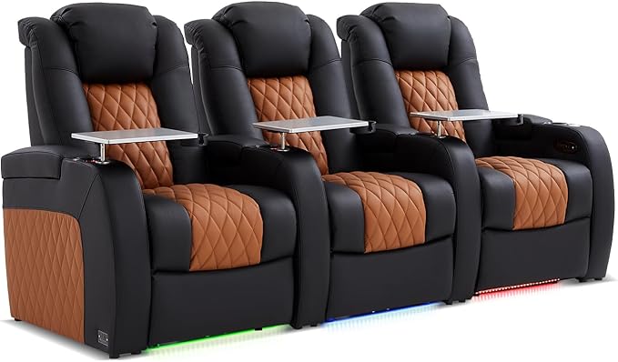 Home Theater Seating, Top Grain Leather Movie Seats Recliner Chair, Zero Gravity Reclining Gaming Sofa with Power Headrest 7 Colors Ambient Lighting 3 Seats Black Camel