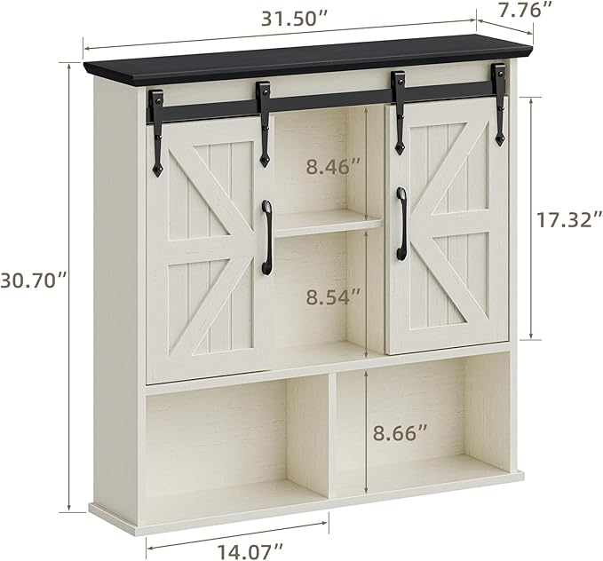 Vabches Bathroom Wall Cabinet, Farmhouse Medicine Cabinet with Double Sliding Barn Door and Adjustable Shelves, Wooden Vintage Storage Cabinet Wall Mounted for Bathroom, Kitchen, White and Black