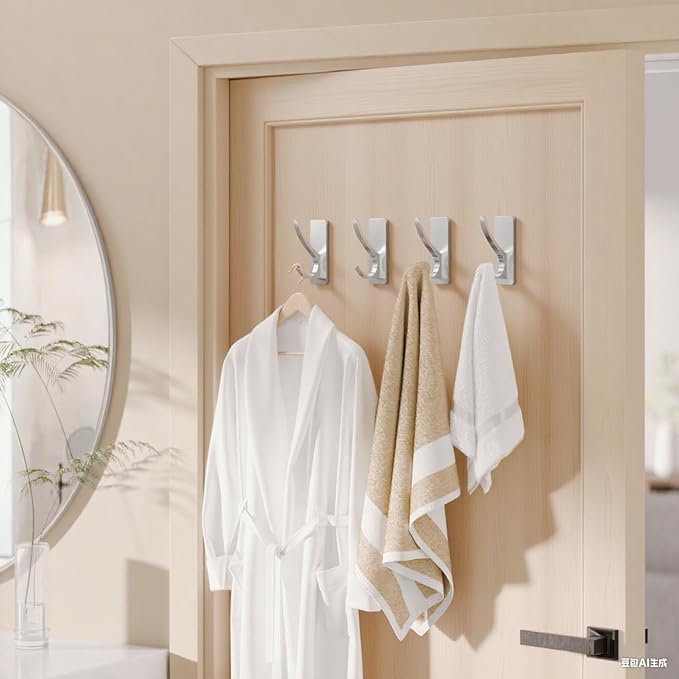 Self Adhesive Coat Hooks for Hanging: Heavy Duty Stainless Wall Hook for Towel, Backpack, Hat, Sturdy Metal Hanger for Bathroom, Bedroom, Door, Brushed Nickel 10 Pack