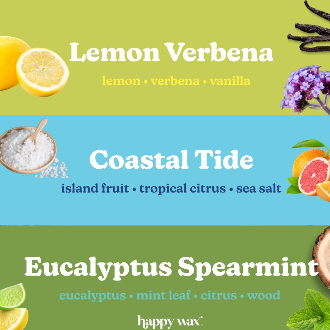 Happy Wax Fan Favorites Collection Scented Natural Soy Wax Melts – 6 Total Oz. of Scented Wax Melts, Collection Includes Lemon Verbena, Coastal Tide and Eucalyptus Spearmint